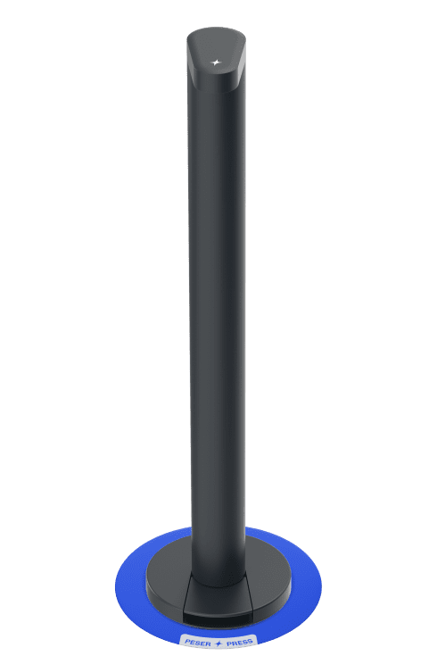 Distributeur Flaco de couleur Noire, vu de face, sur un tapis signalétique bleu