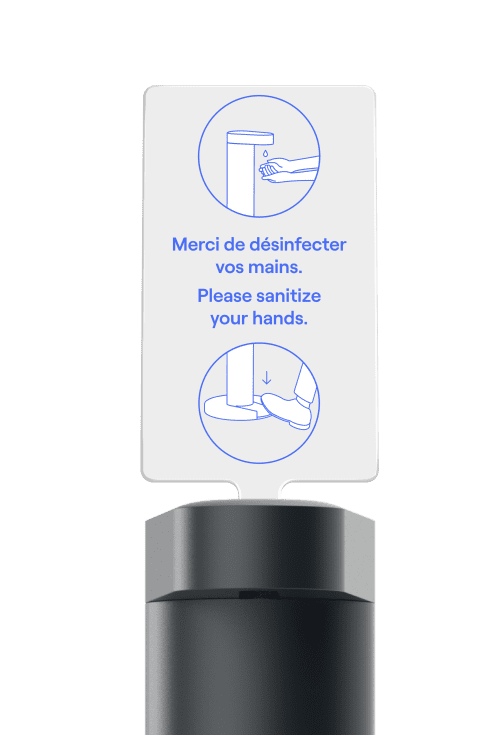 Image de l'affiche signalétique Flaco avec texte demandant de se désinfecter les mains qui s'insère sur le dessus du distributeur